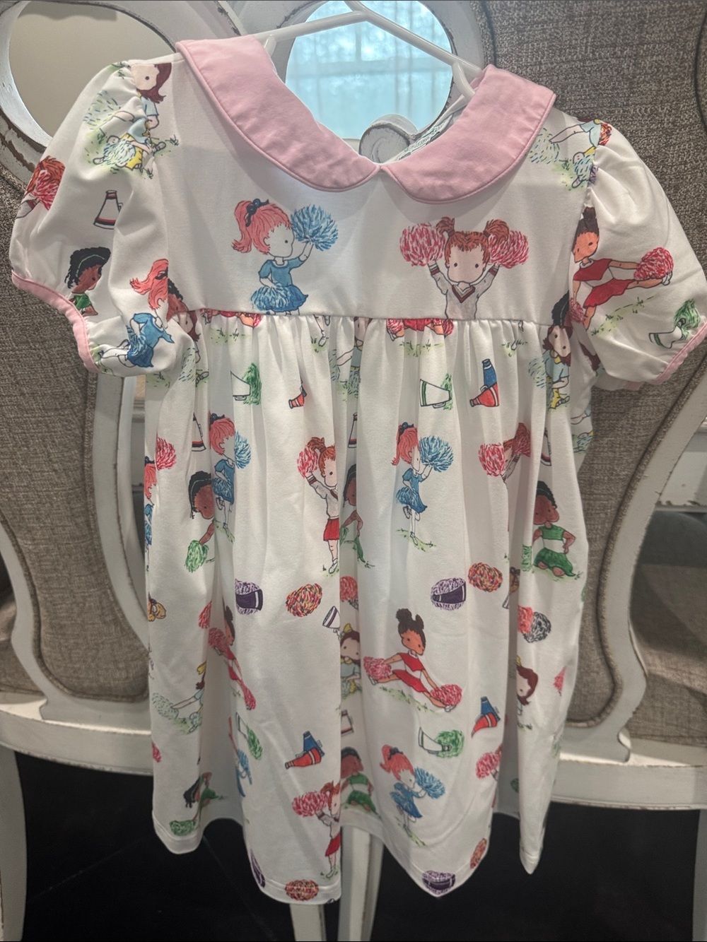 Classic Southern Smocks Girls Cheerleader Print Dress with Pink Peter Pan Collar